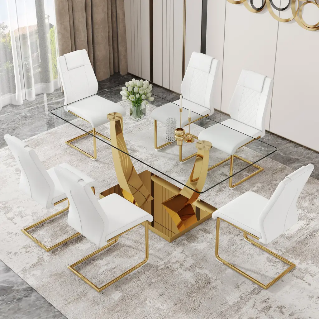 Modern Rectangular Dining Table and Chair Set Transparent Top droom w-1151