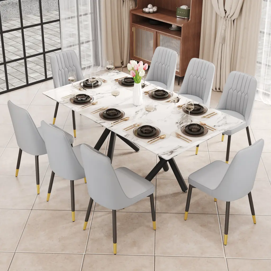 1 Table And 8 Chairs Rectangular Dining Table White Imitation Marble Top droom w-1151