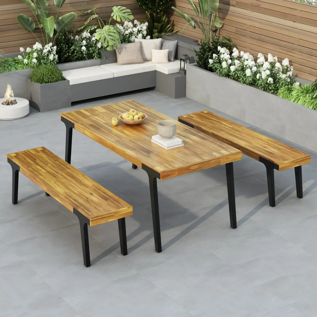 1 Dining Table 2 Dining Benches Light Teak Wood Kitchen Furniture Set nh-perfect home