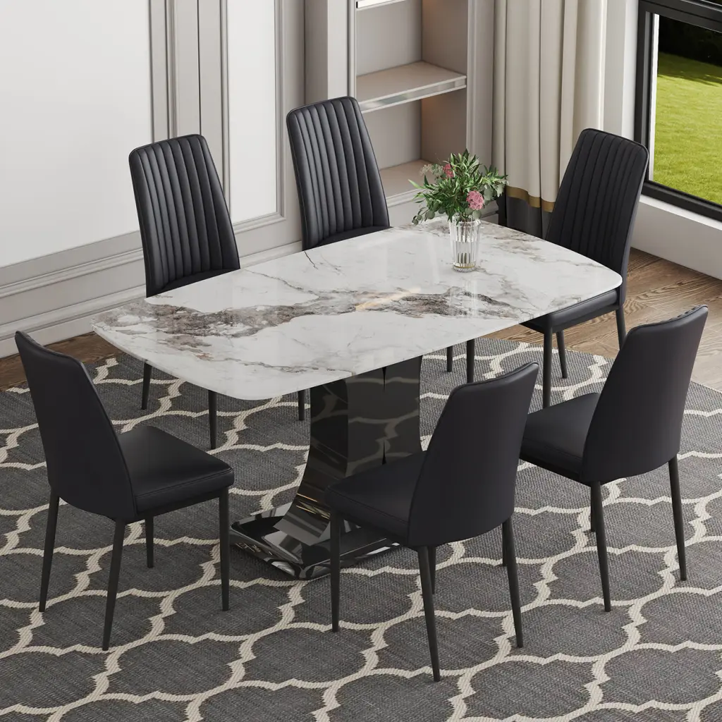 Faux Marble Dining Table Set Convertible Base Premium Rectangular a-q house