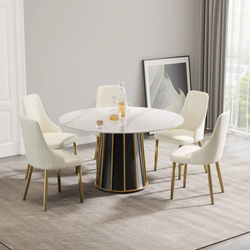 53.15 Inch Modern Artificial Stone Round White Dining Table Metal Iron Base atunus