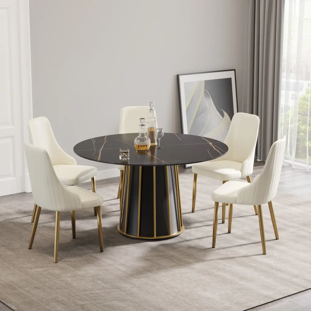 53.15 Inch Modern Artificial Stone Round Dining Table Black Metal Base atunus