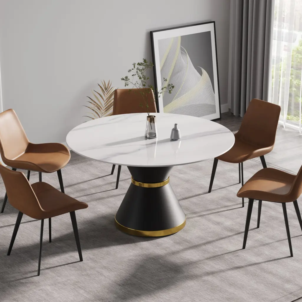 53.15 Inch Modern Artificial Stone Round Black Carbon Steel Base Dining Table atunus