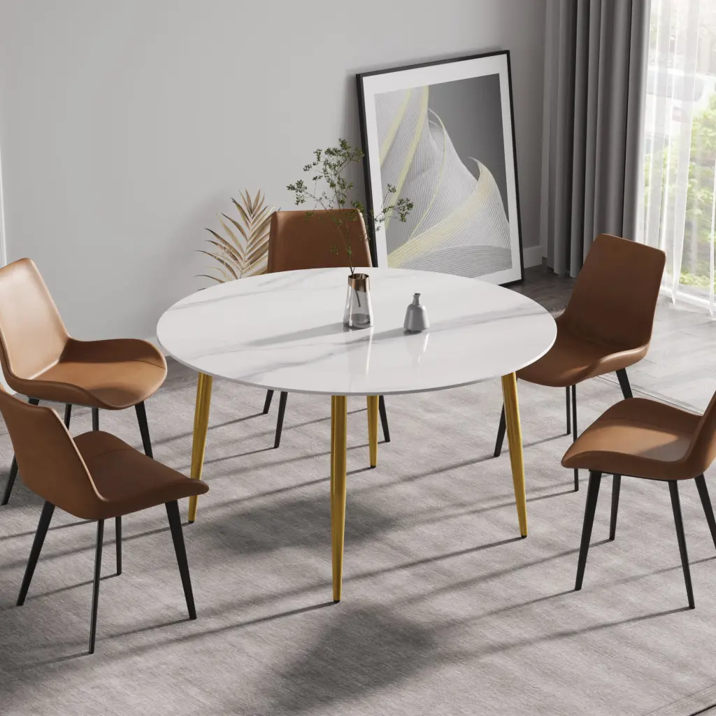 53.15 Inch Modern Man Made Stone Round Golden Metal Dining Table atunus