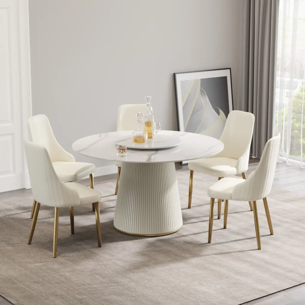 53.15 Inch Modern White Artificial Stone Round Beige Plywood Dining Table atunus