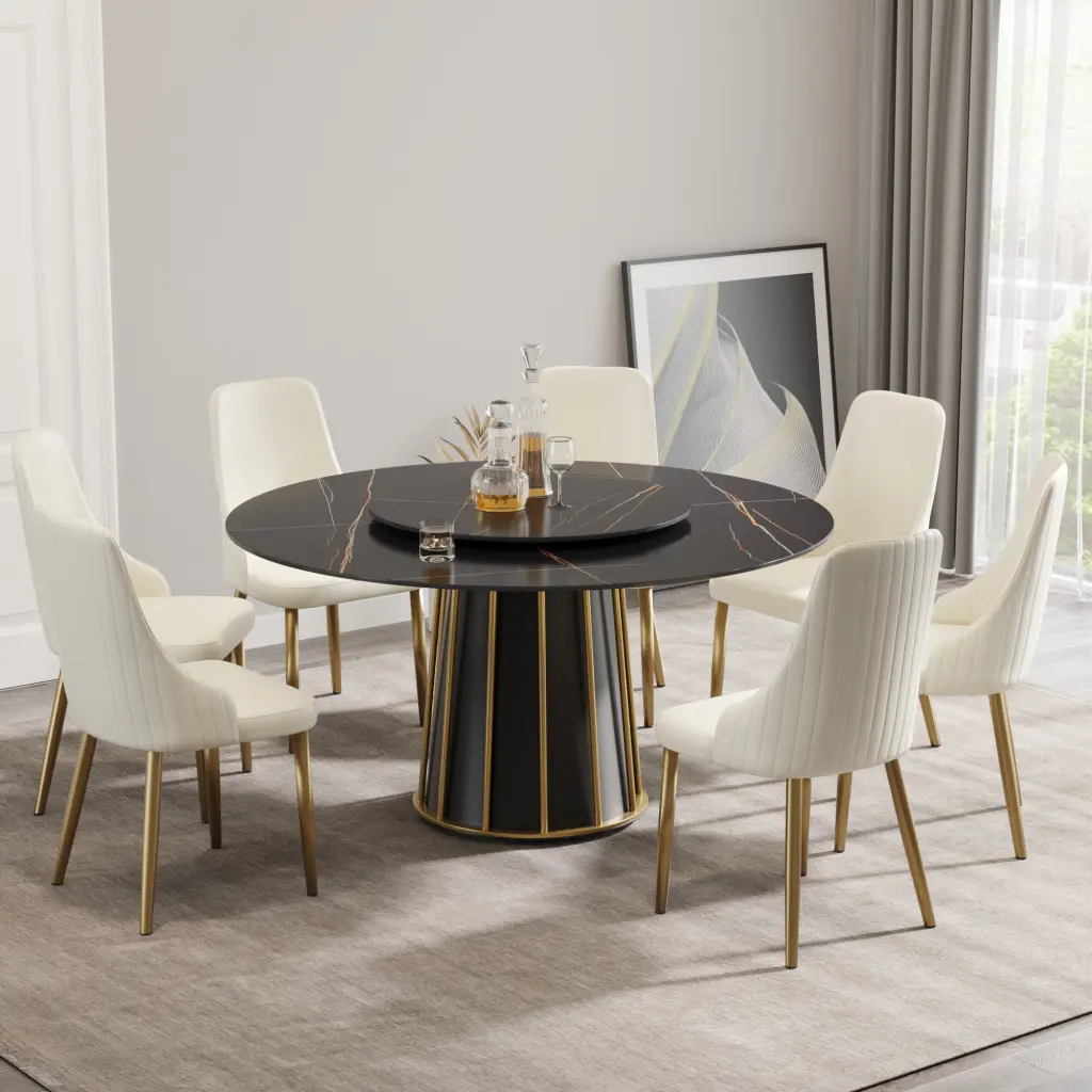 59.05 Inch Modern Artificial Stone Round Black Metal Iron Base Dining Table atunus