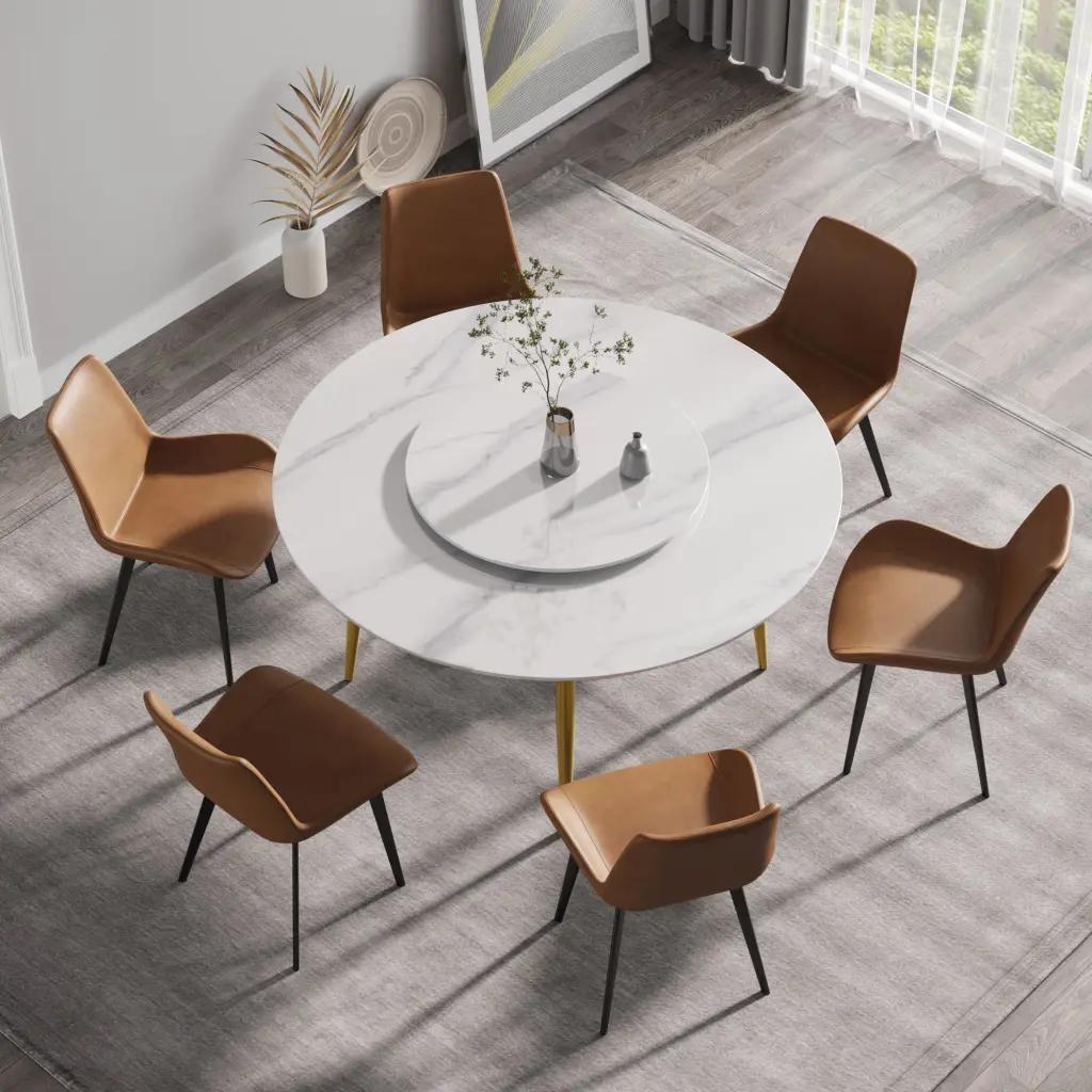 59.05 Inch Modern Artificial Stone Round Dining Table Golden Metal Base atunus