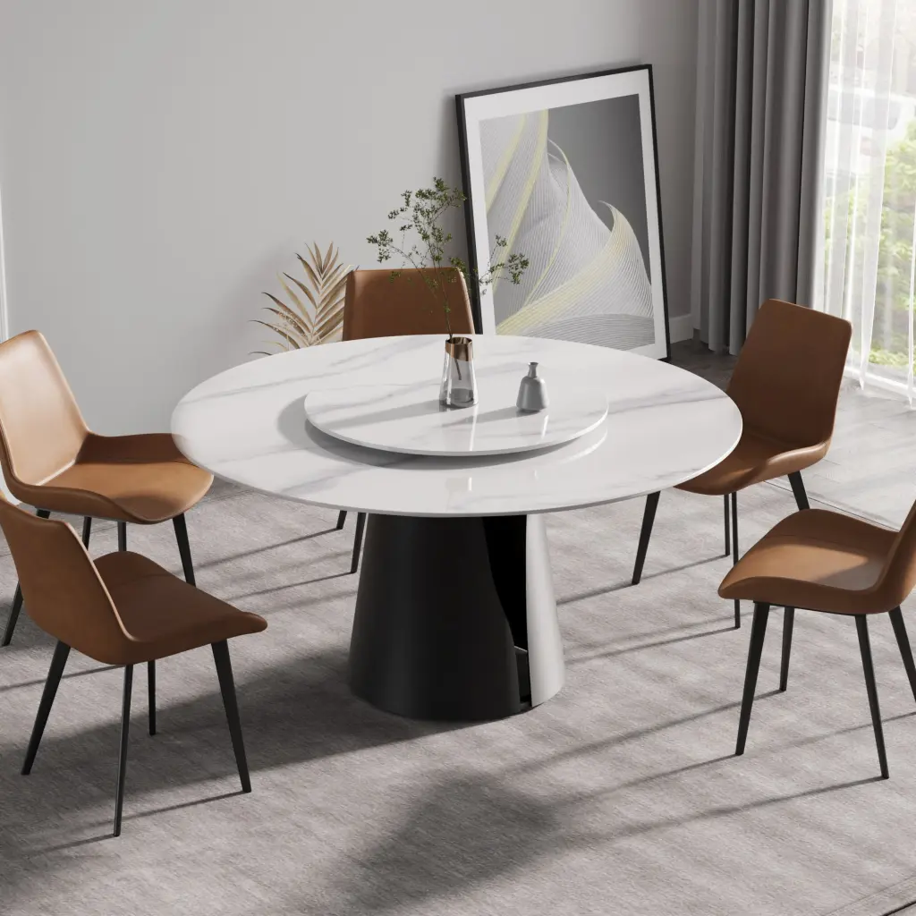 59.05 Inch Modern Artificial Stone Round Black Carbon Steel Base Dining Table atunus