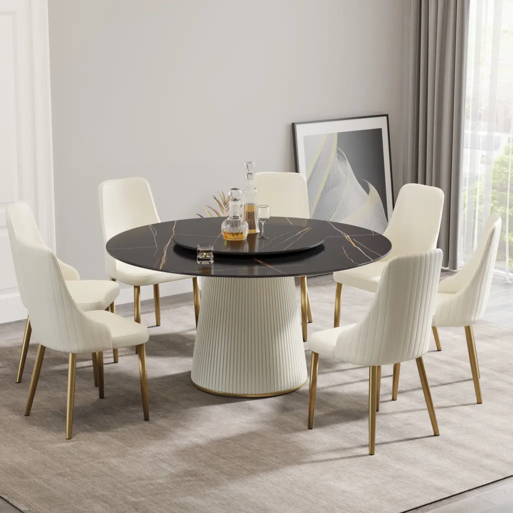 59.05 Inch Modern Black Artificial Stone Round Beige Plywood Pu Base Dining Table atunus