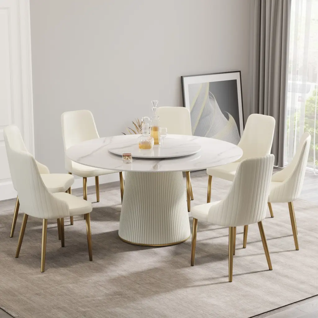 59.05 Inch Modern White Artificial Stone Round Dining Table Beige Plywood PU Base atunus