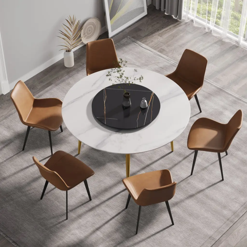 59.05" Modern Artificial Stone Round Golden Metal Dining Table Can Accommodate 4-6 People atunus