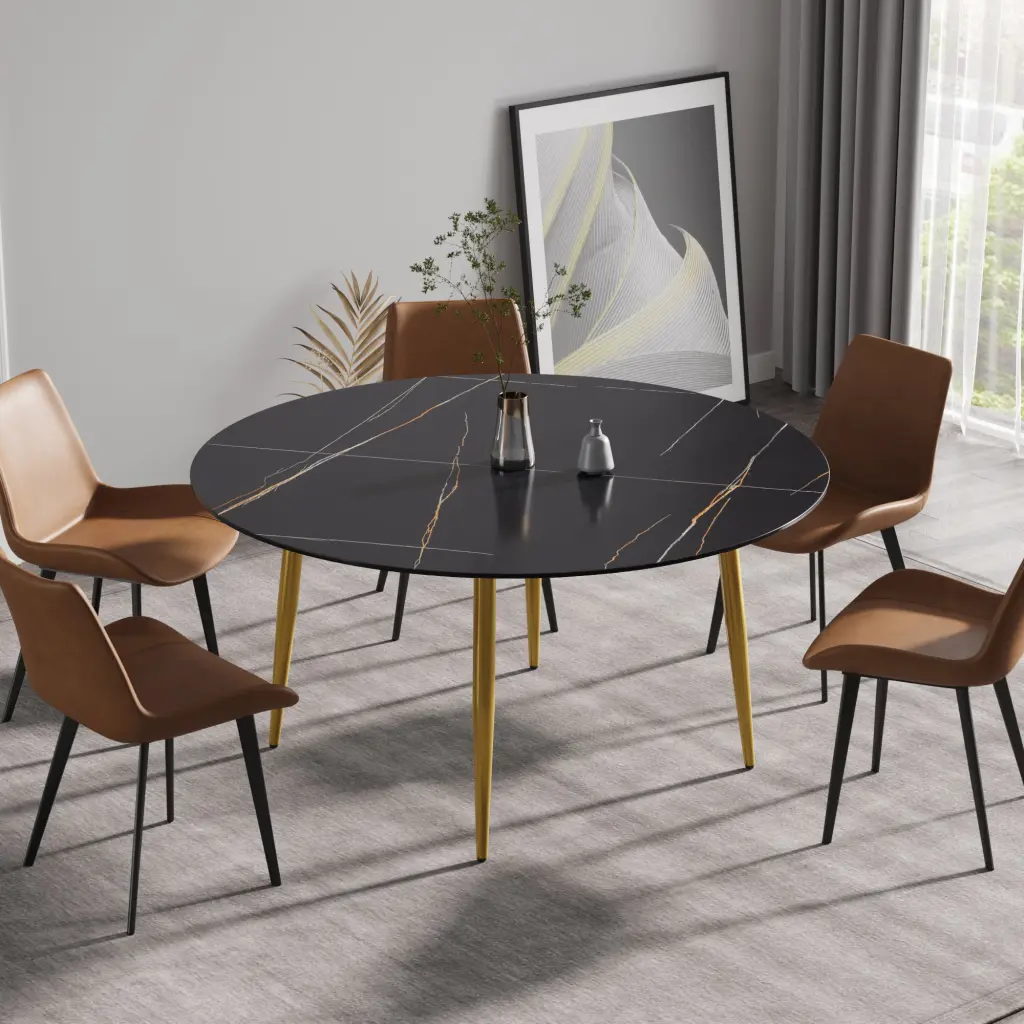 59.05' Modern Man Made Stone Round Golden Metal Dining Table atunus