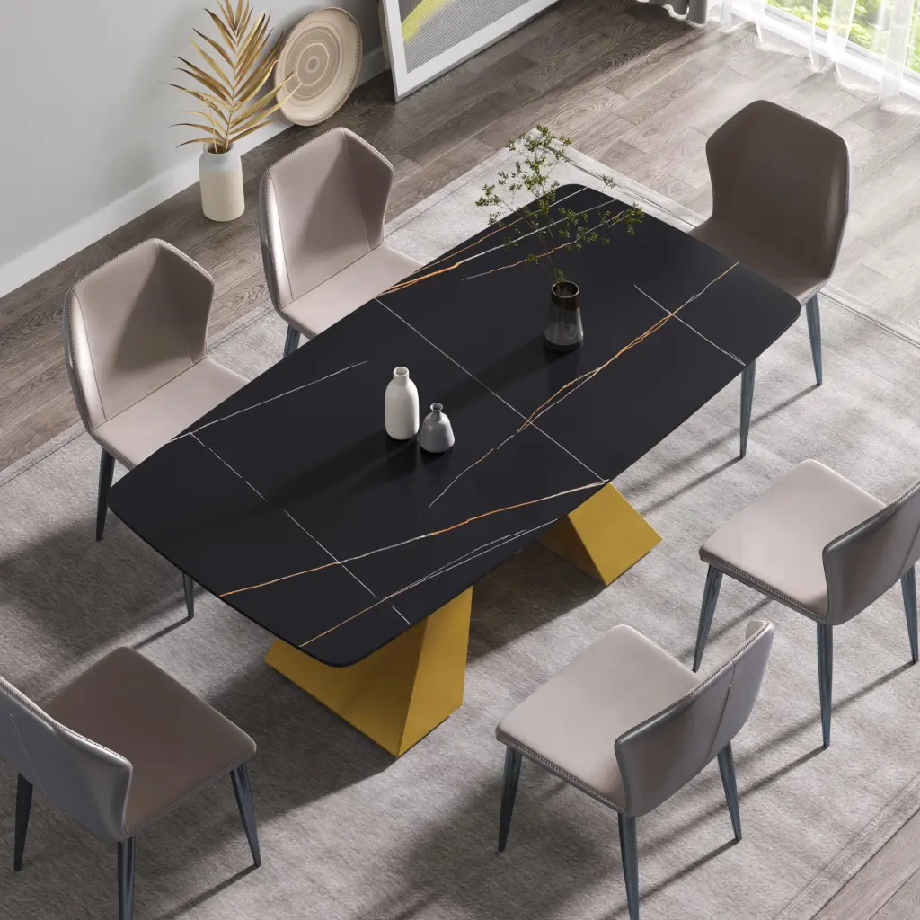 70.87 Inch Modern Artificial Stone Black Dining Table Golden Metal Legs atunus