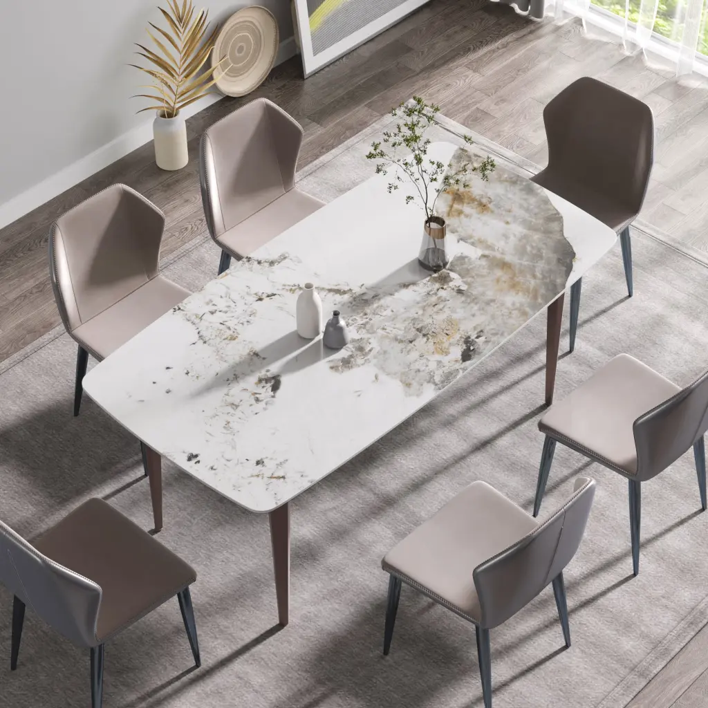 70.87 Inch Modern Artificial Stone Pandora White Curved Metal Leg Dining Table atunus