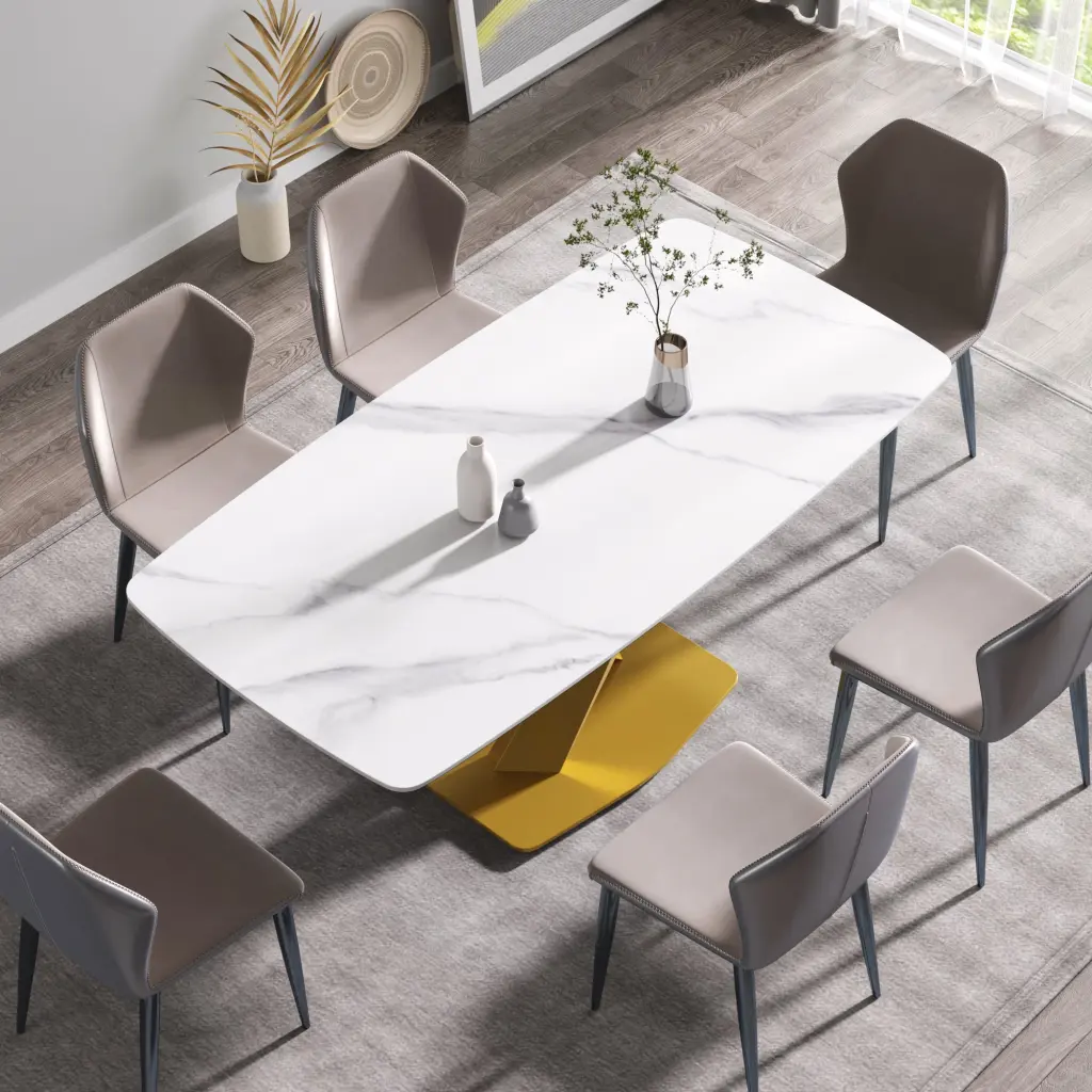 70.87 Inch Modern Artificial Stone White Curved Dining Table Golden Metal Legs atunus