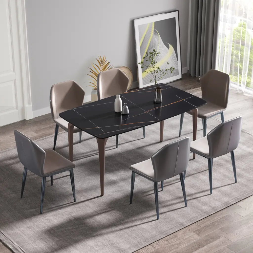 63 Inch Modern Artificial Stone Black Curved Metal Leg Dining Table 6 People atunus
