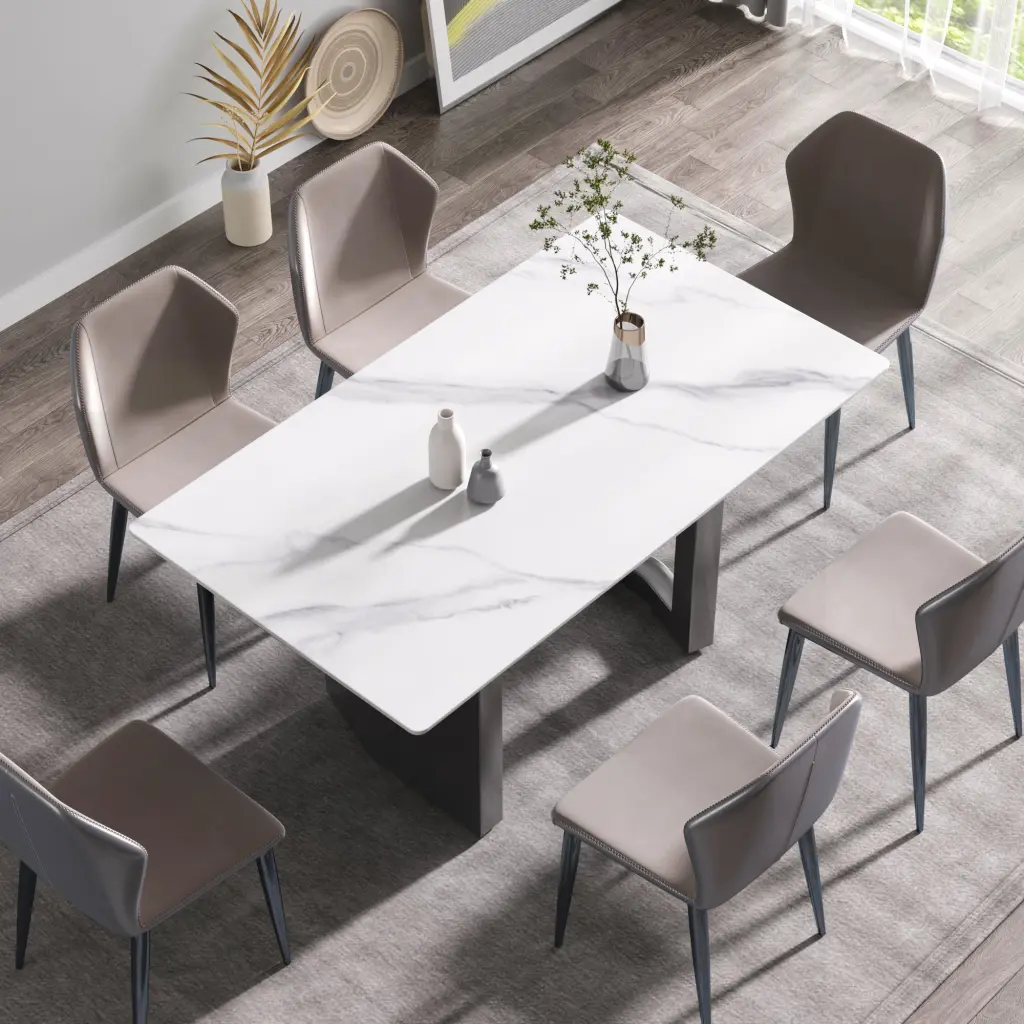 63 Inch Modern Artificial Stone White Dining Table Black Metal Legs atunus