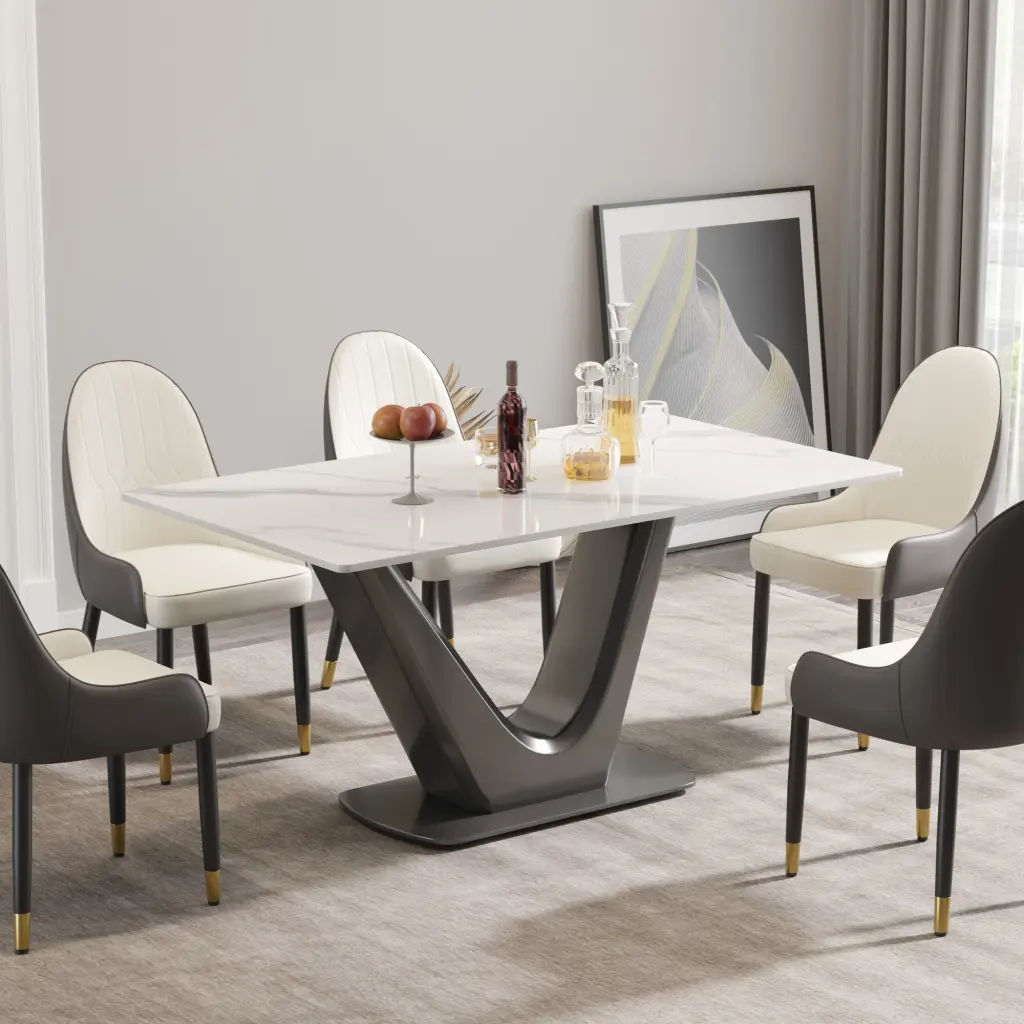 63 Inch Modern Artificial Stone White Panel Gray Metal Legs Dining Table atunus