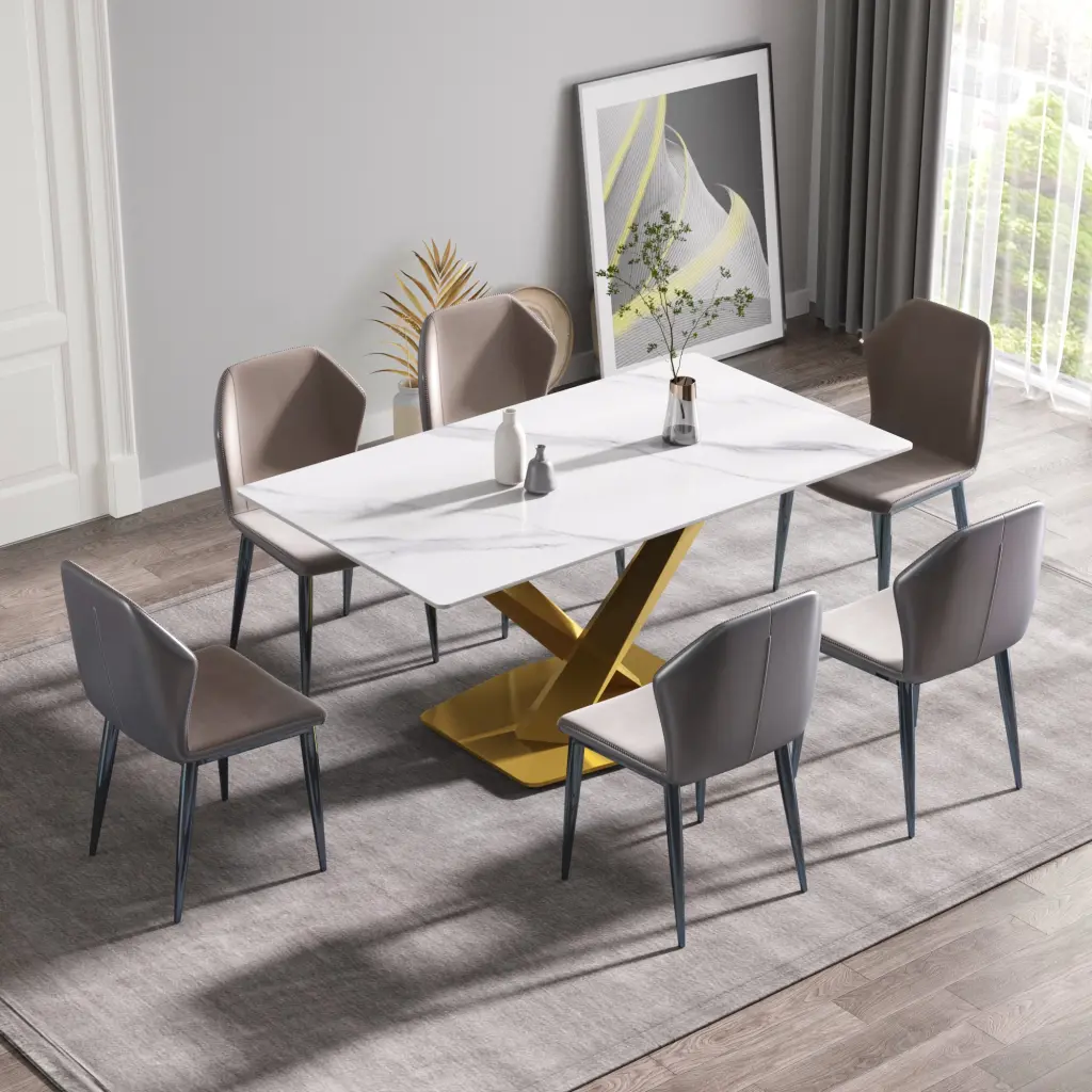 63 Inch Modern Artificial Stone White Straight Edge Golden Metal X Leg Dining Table atunus