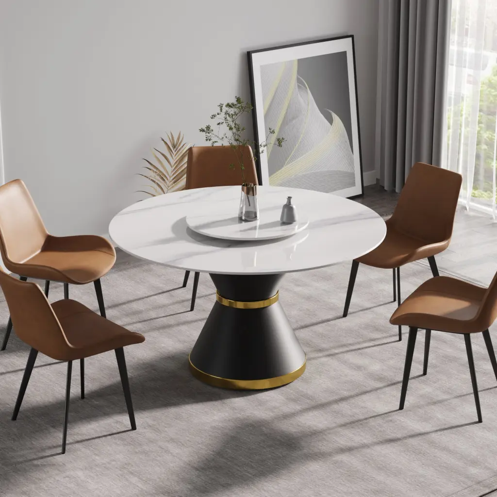 53" Modern Artificial Stone Round Black Carbon Steel Base Dining Table atunus