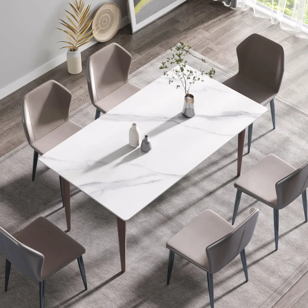 63" Modern Artificial Stone White Straight Edge Metal Leg Dining Table atunus