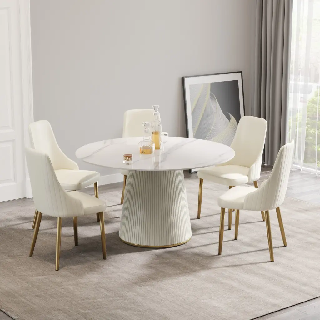 Modern White Artificial Stone Round Beige Plywood PU Base Dining Table atunus