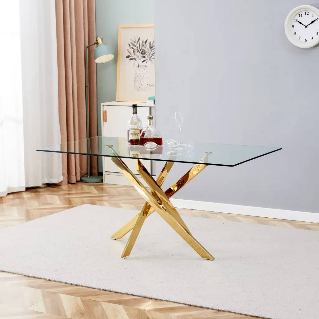 Tempered Clear Glass Golden Leg Dining Table 63 Inch Gold Glass d-n furniture