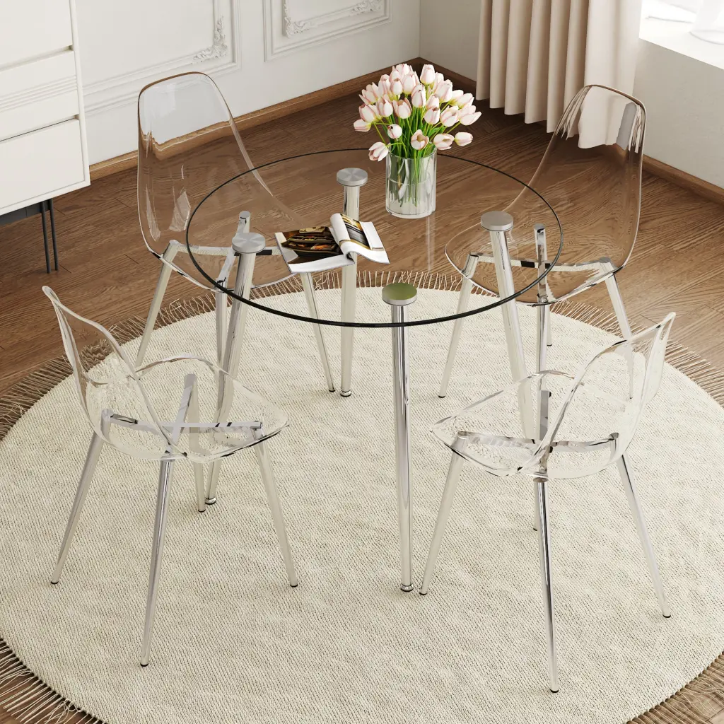 Modern Minimalist Round Dining Table Tempered Glass Top and Silver Metal Base, Kitchen & Dining Room Table droom w-1151
