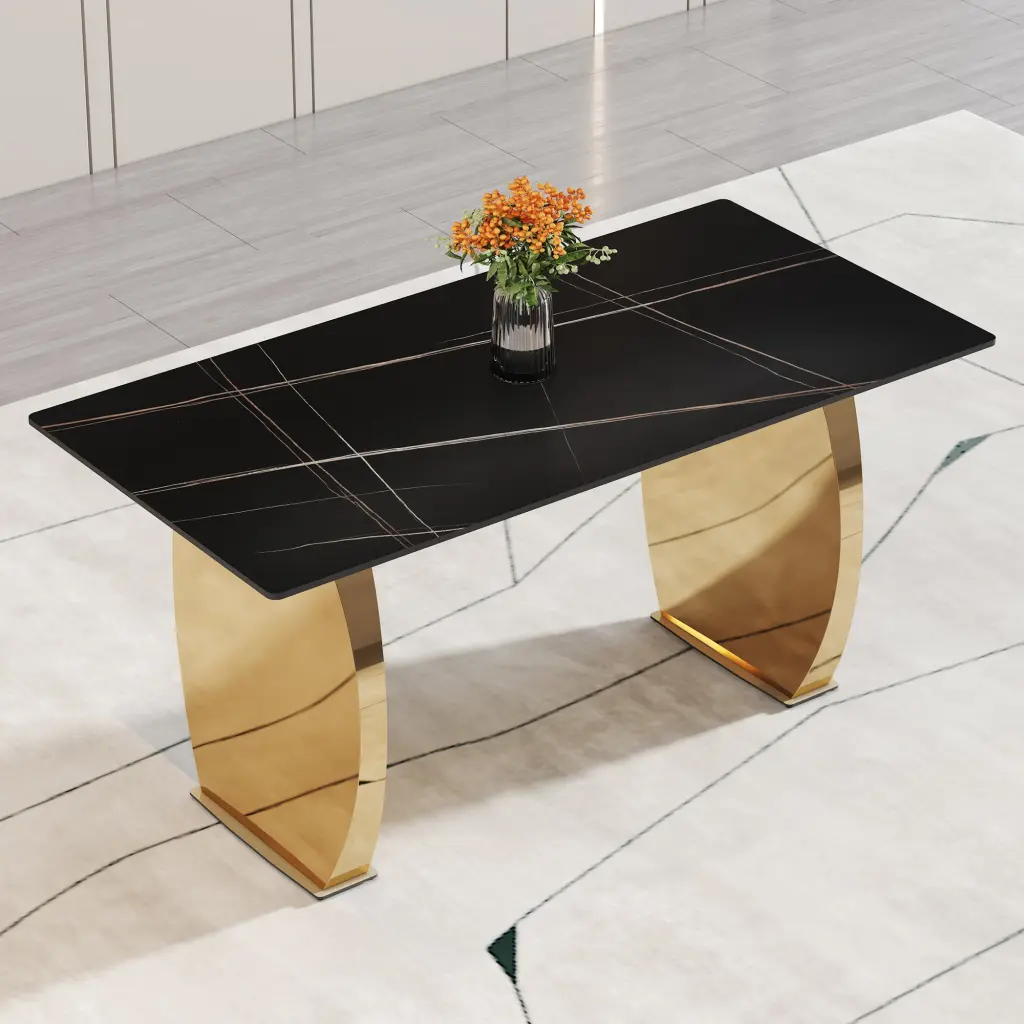 Modern Rectangular Table 0.4 Inch Black Patterned Tabletop and Gold Legs Dining Table droom w-1151