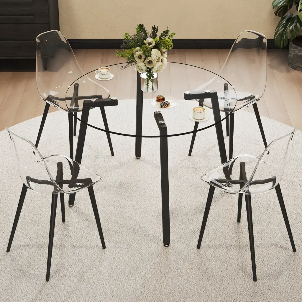 Modern Round Transparent Tempered Glass Table Black Metal Base - Contemporary Dining Table droom w-1151