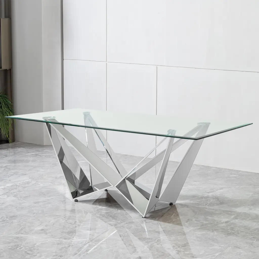 Clear Glass Sleek Stainless Steel Base 78 Inch Dining Table Silver foshan dahui furniture co.-ltd.