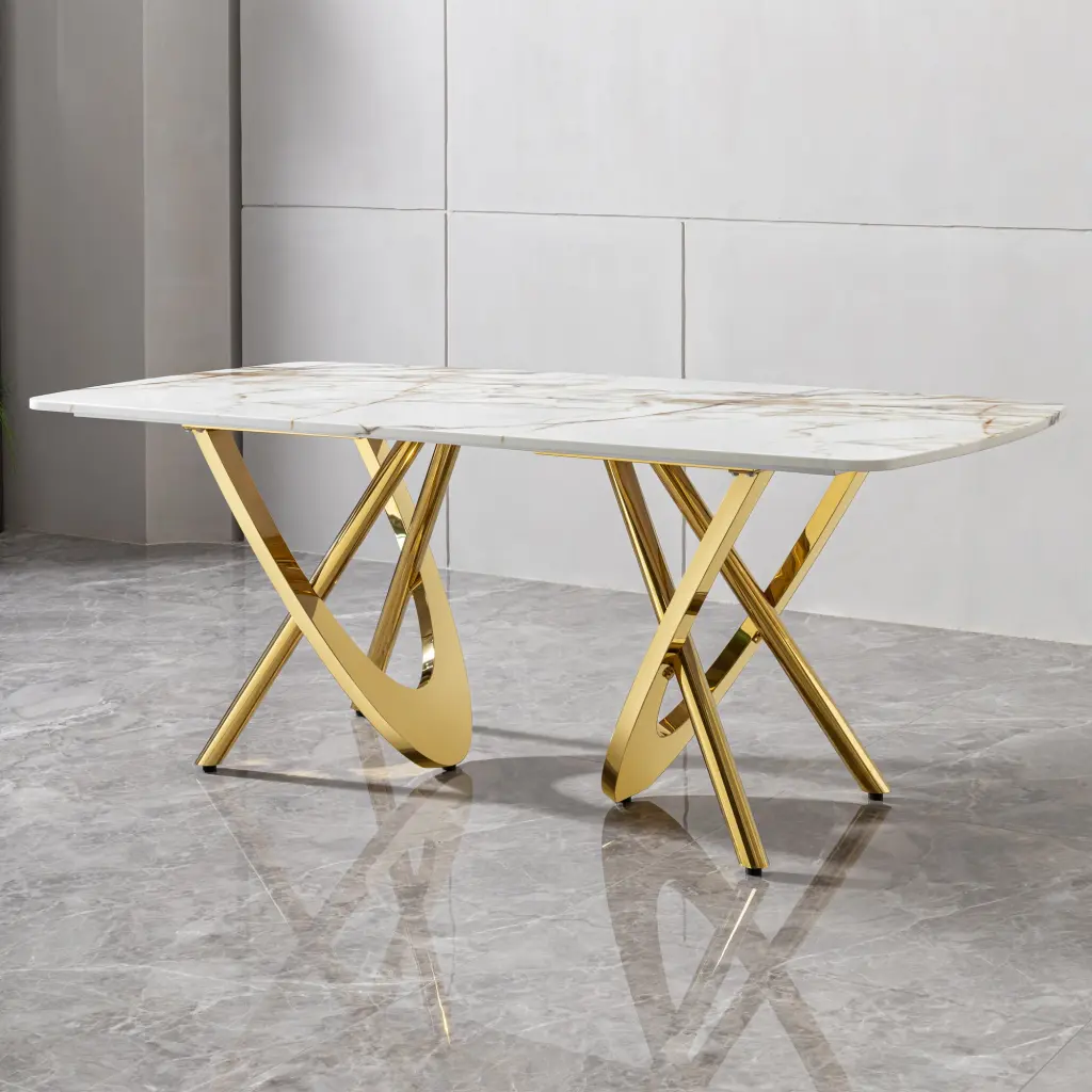 MDF Marble Pattern Dining Table Gold Stainless Steel Base Rectangle foshan dahui furniture co.-ltd.