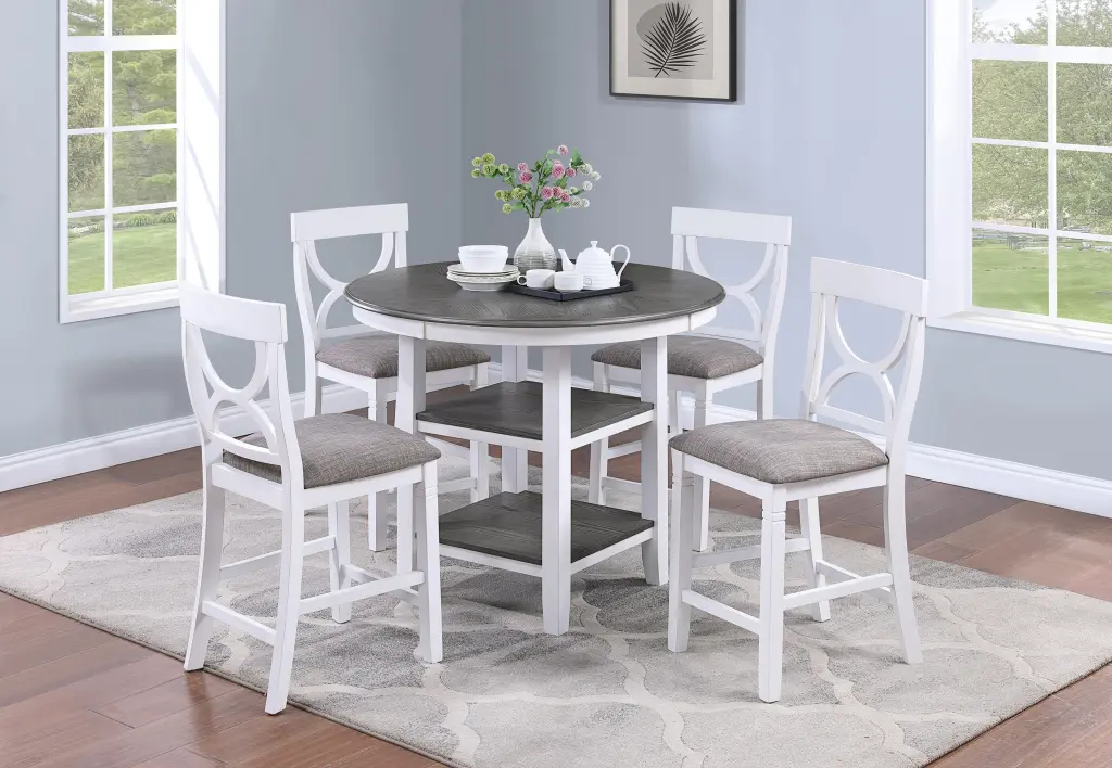 Counter Height Dining Table Storage Shelves and 4 Padded Chairs kanepe