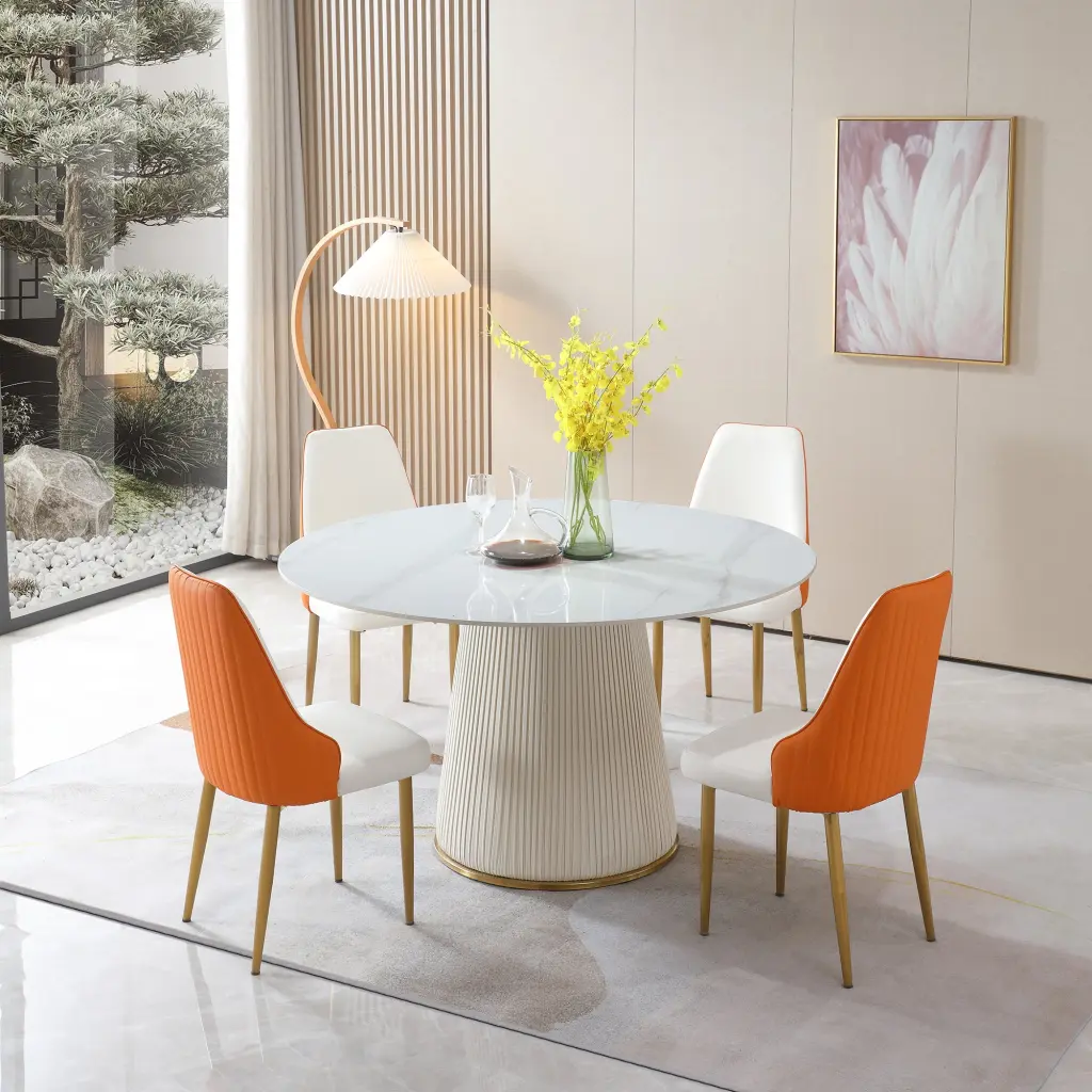 53 Inch Round Sintered Stone Carrara White Dining Table White Metal Base montary