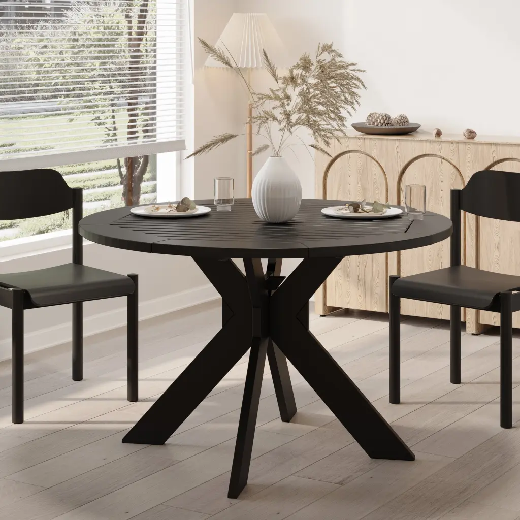 Sandee Round Dining Table Black Acacia Wood Modern Kitchen nh-uhome
