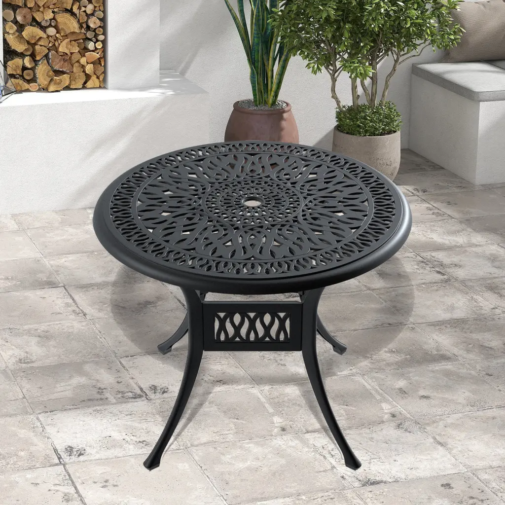 35.43 Inch Cast Aluminum Patio Dining Table Black Frame and Umbrella Hole nicesure