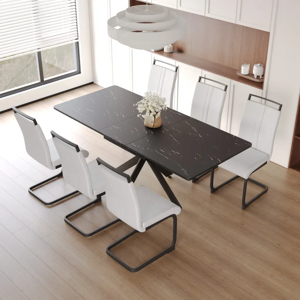 Extendable Dining Table Set 6-8 People, C-Shaped Design Dining Room nuoli furniture