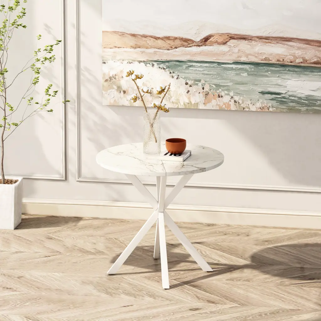 31.5 Inch Modern Cross Leg Round Dining Table White Marble Top Occasional Use rnb