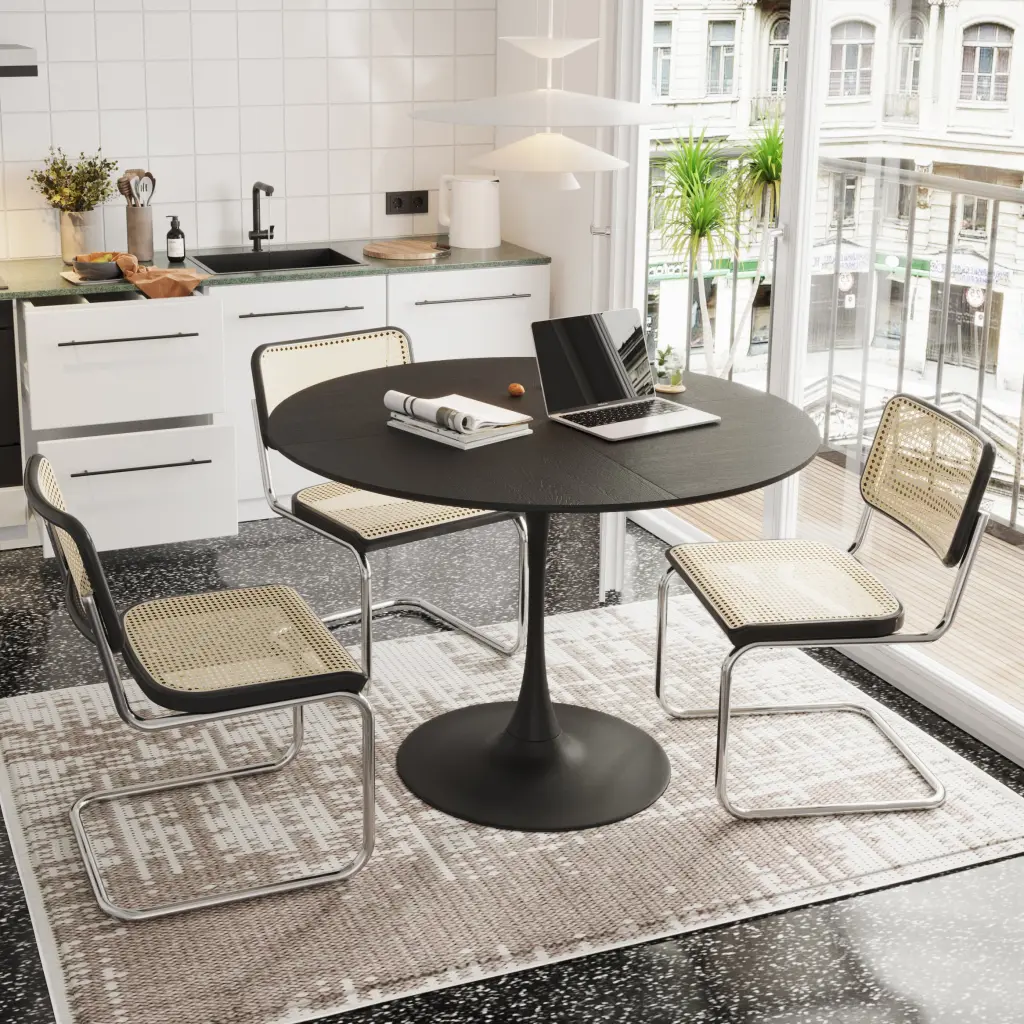 47.24 Inch Modern Round Dining Table Four Patchwork Tabletops Black Finish rnb