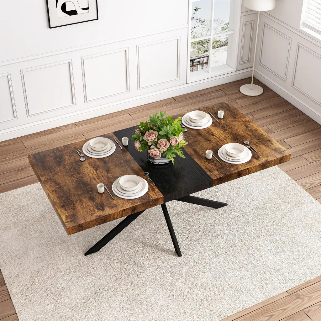 55.11 Inch Retro Rectangular Stretch Dining Table Antique Wood Top rnb