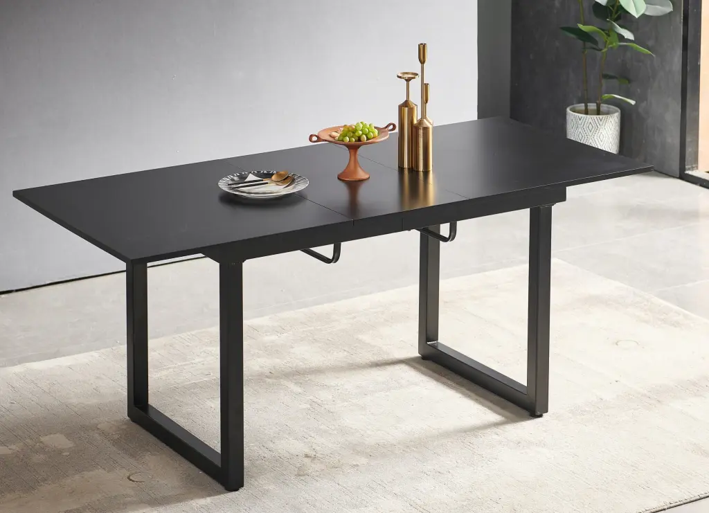 Black Color Square Extendable Dining Table Metal Leg Modern Space Saving rnb