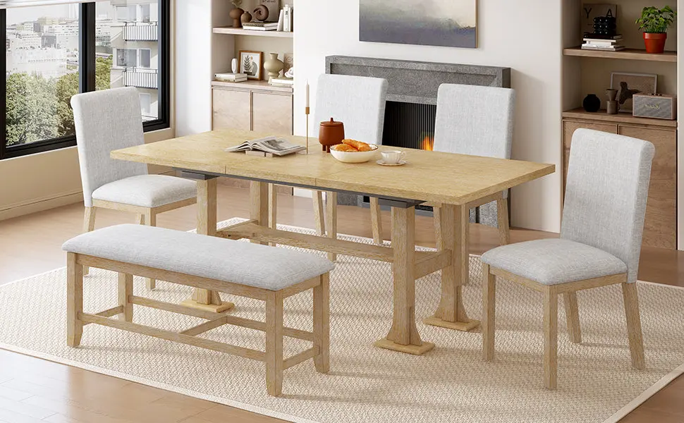 Farmhouse 76 Inch 6 Piece Extendable Dining Table Set Trestle Kitchen rnb
