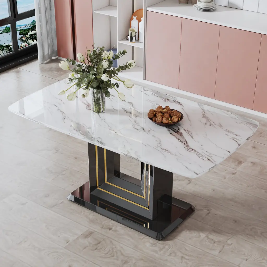 White Imitation Marble Pattern Dining Table Black MDF Base rnb
