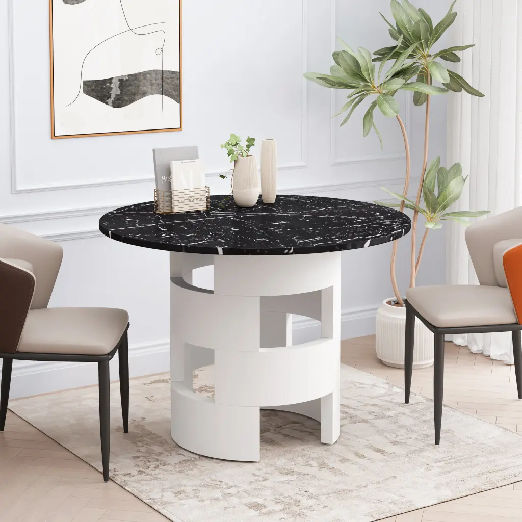42.12 Inch Modern Round Dining Table Printed Black Marble Table Top spribung