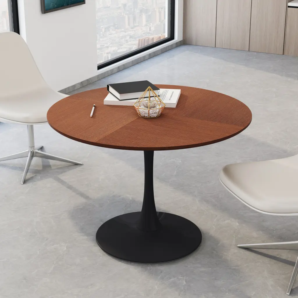 42 Inch Modern Round Dining Table Printed Oak Color Grain Table Top spribung