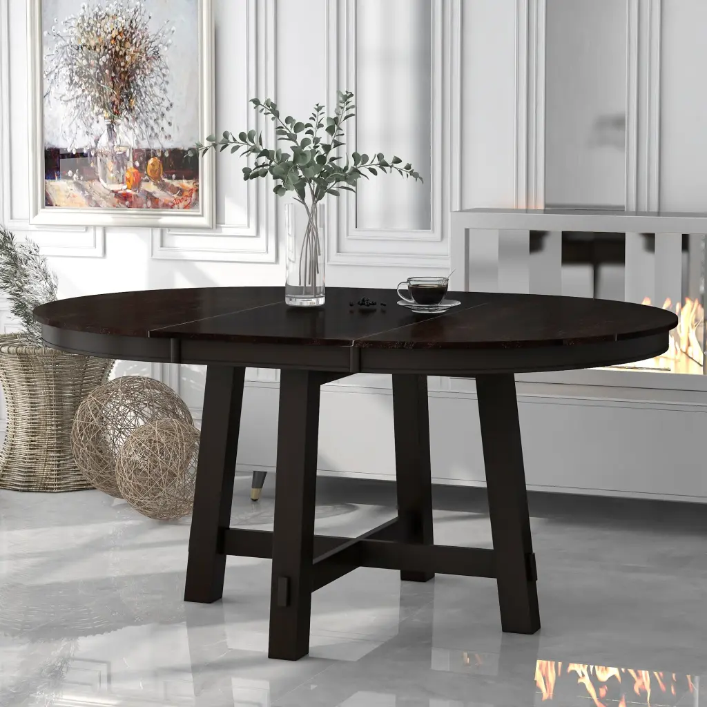 Farmhoutilize Round Extendable Dining Table 16 Inch Leaf Wood Kitchen Table trexm