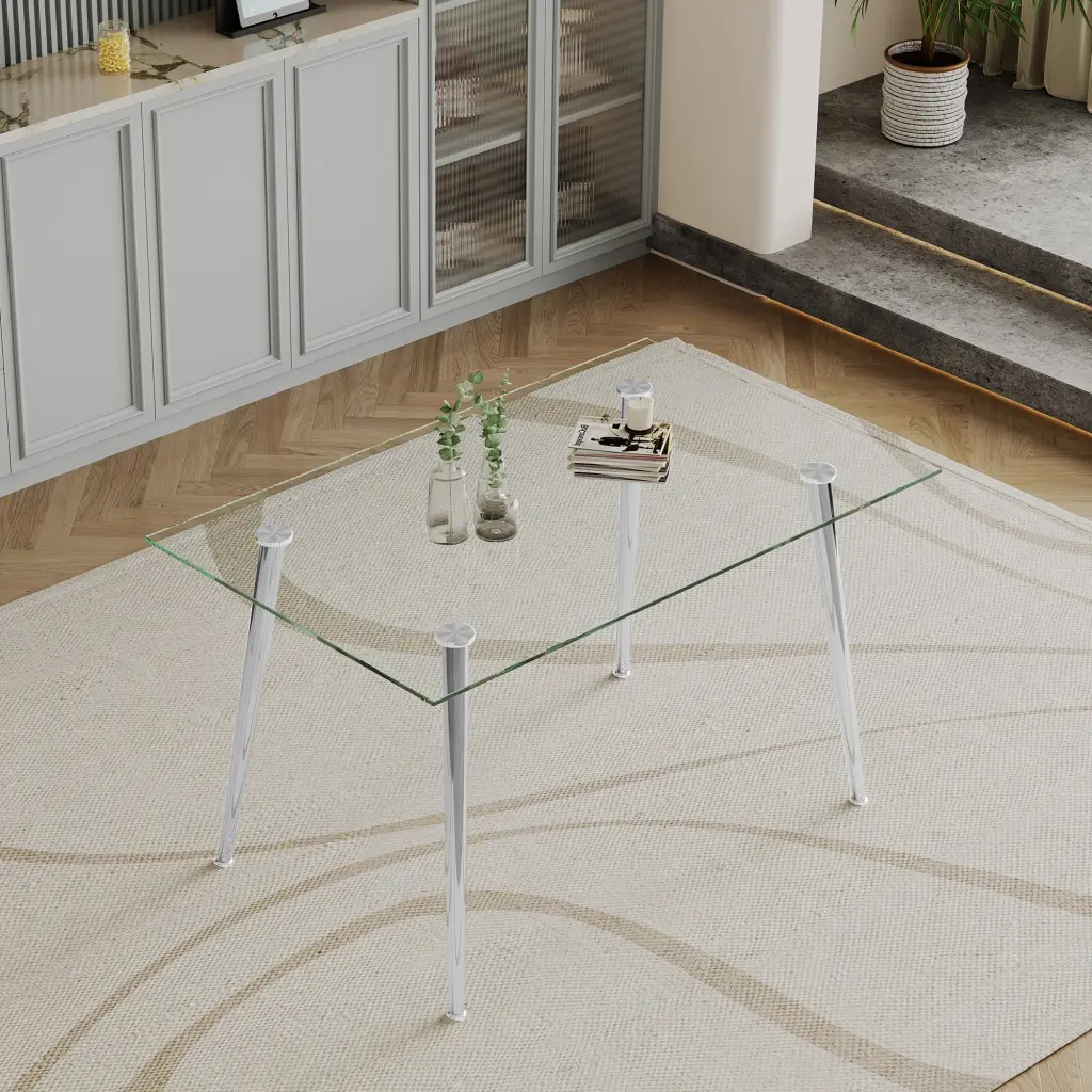 0.32 Inch Thick Tempered Glass Dining Table Silver Stainless Steel Base w1311 artisan furniture