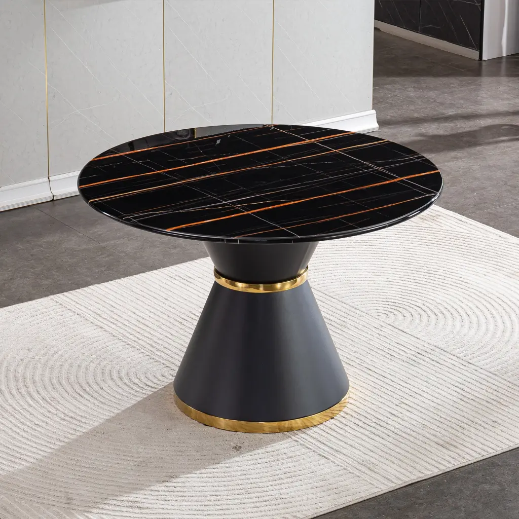 Black Marble Printed MDF Round Dining Table Black Columnar Base w1311 artisan furniture