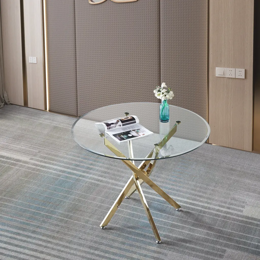 Contemporary Round Clear Dining Tempered Glass Table Gold Finish w1311 artisan furniture