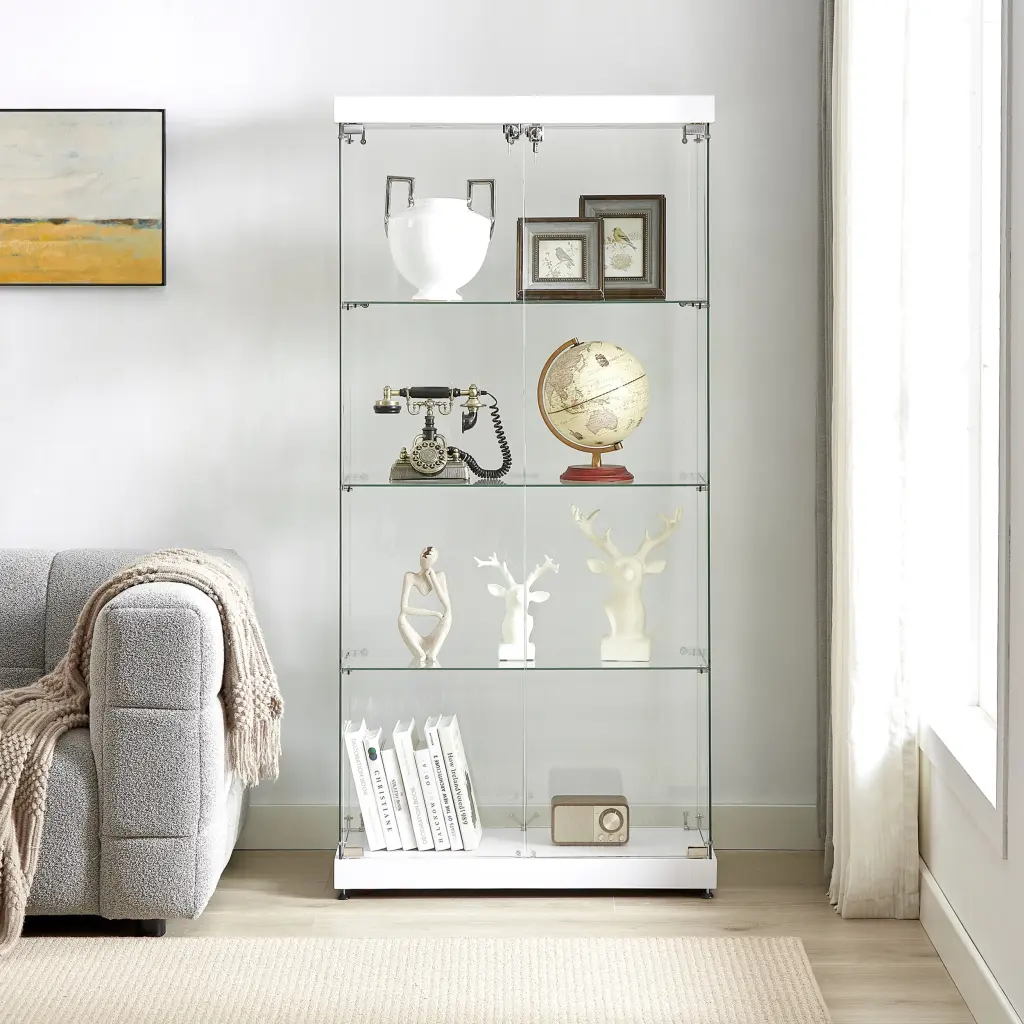 4 Tier Glass Presentation Cabinet Double Door Glass Cabinet Four Partitions Display Shelf cz store